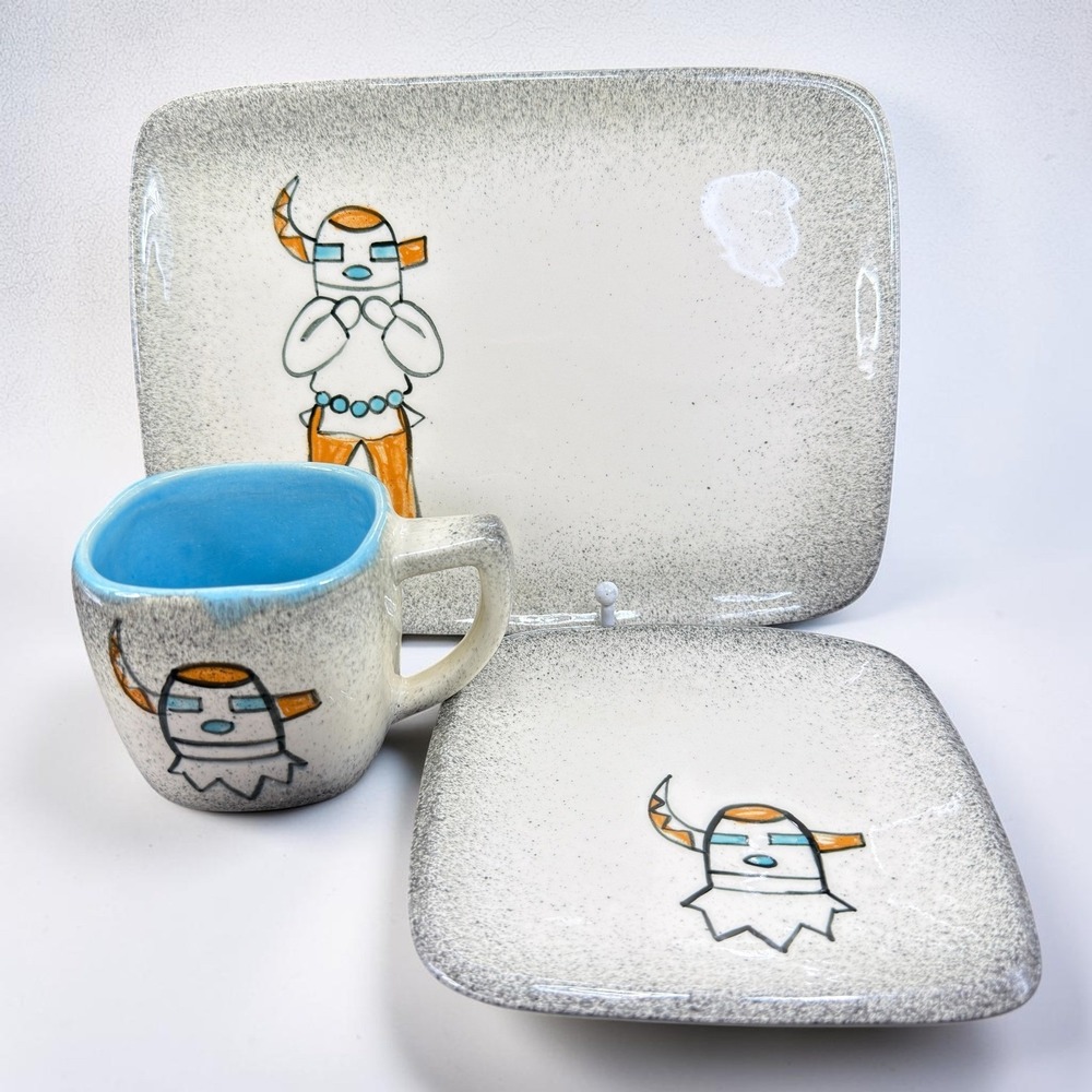 Loma New Mexico Pottery Kachina 3pc Set Tray Plate Mug Southwest Ceramic Folk
